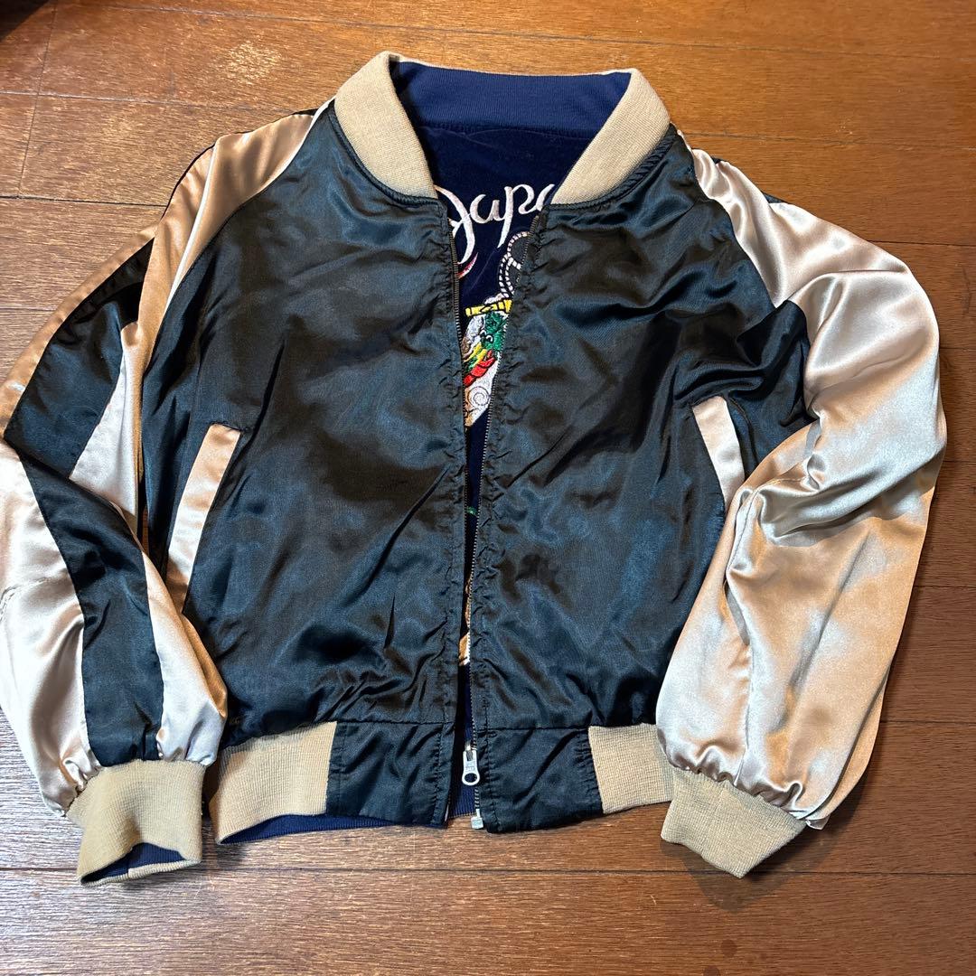 ヴィンテージ 刺青刺繍スカジャンネイビーブルー