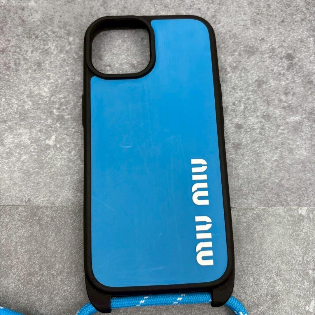 極美品 ミュウミュウ iPhone15 スマホケース ストラップ カバー ブルー