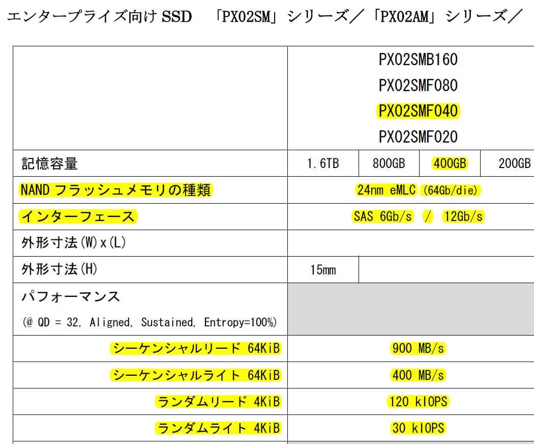 PX02SMF040 Toshiba製  400GB SSD x5枚