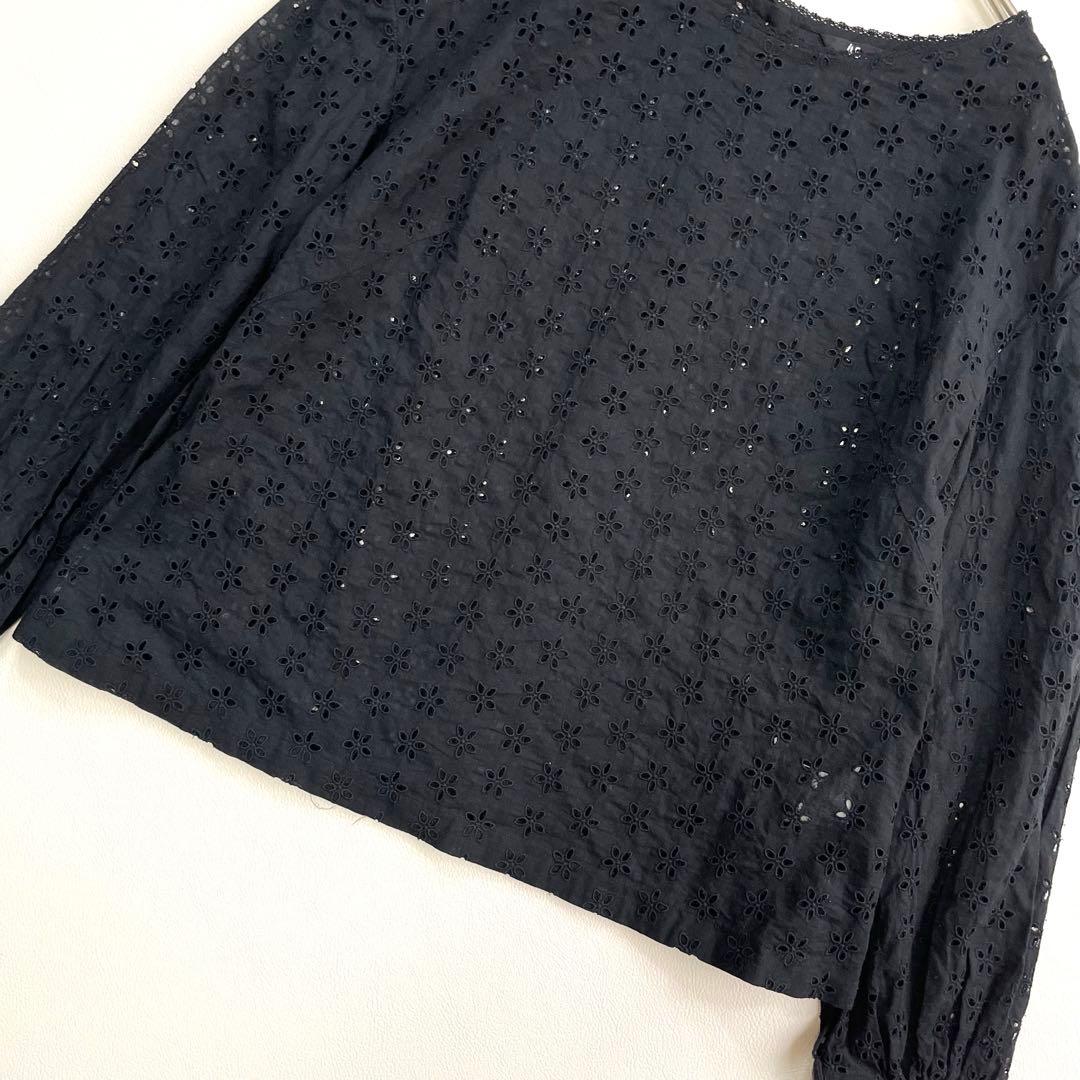 6325【美品】45R カットワークブラウス　度甘平カットワークブラウス 黒