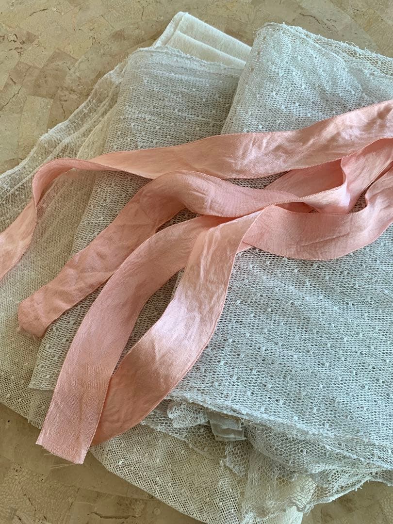 フランスアンティークドット柄チュールレースロングカーテン3枚set※古色ホワイト