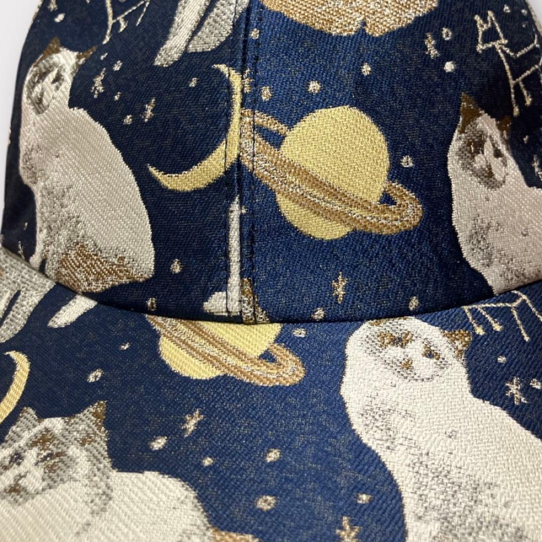 カシラ キャップ リボン 猫 宇宙 ジャガード 極美品 日本製 ネイビー