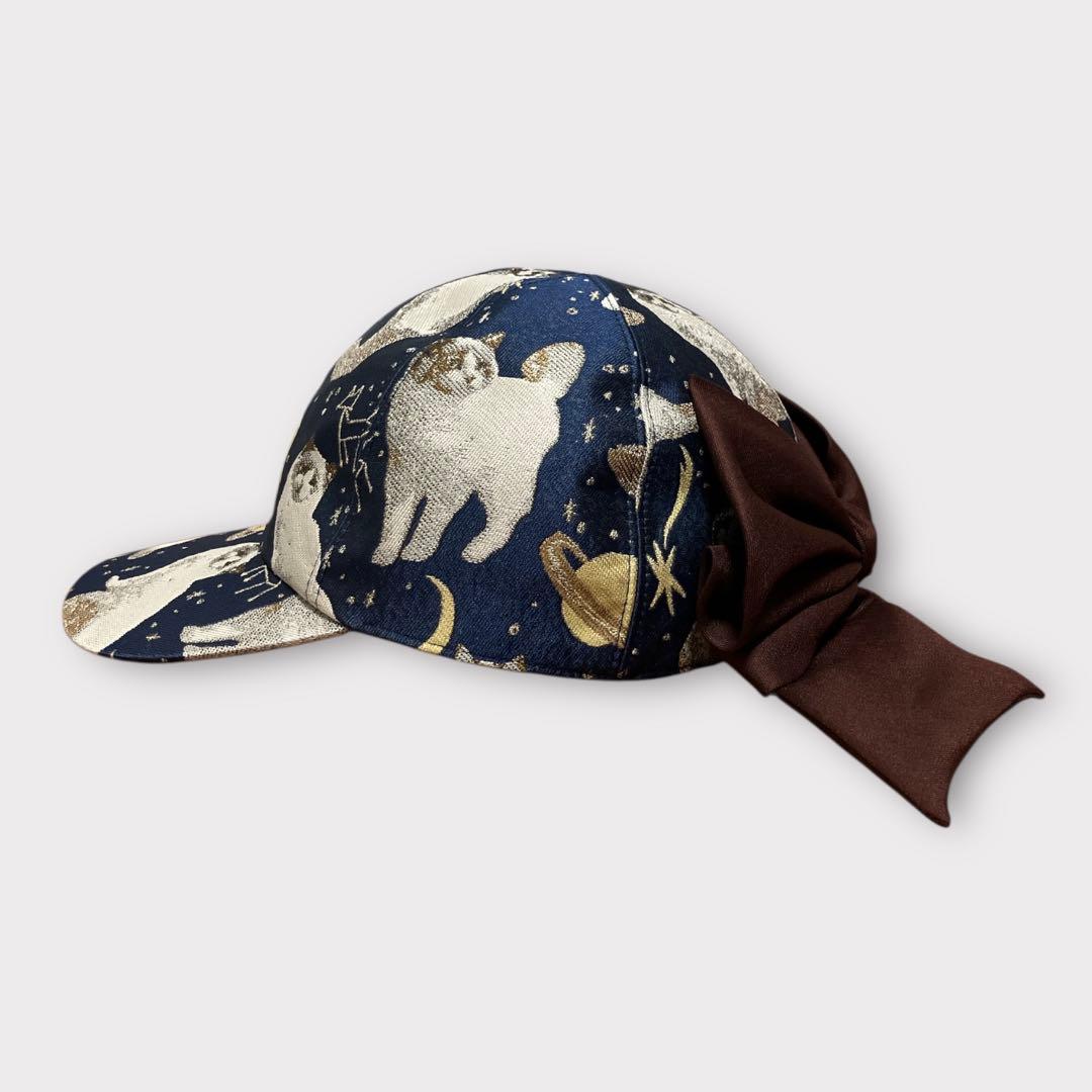 カシラ キャップ リボン 猫 宇宙 ジャガード 極美品 日本製 ネイビー