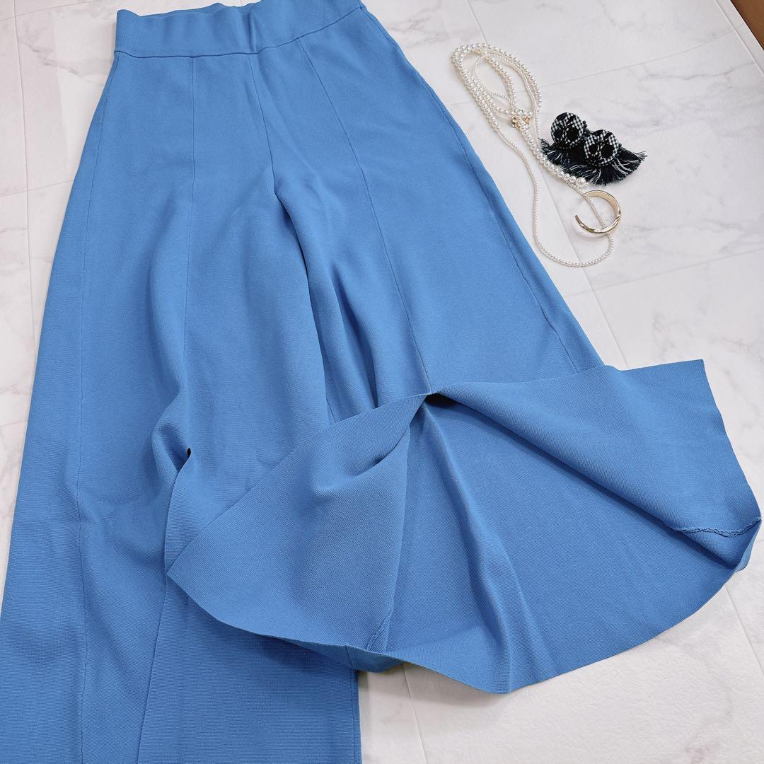 アドーア ドライストレッチ　スリット入り ニットワイドパンツ　ブルー　38