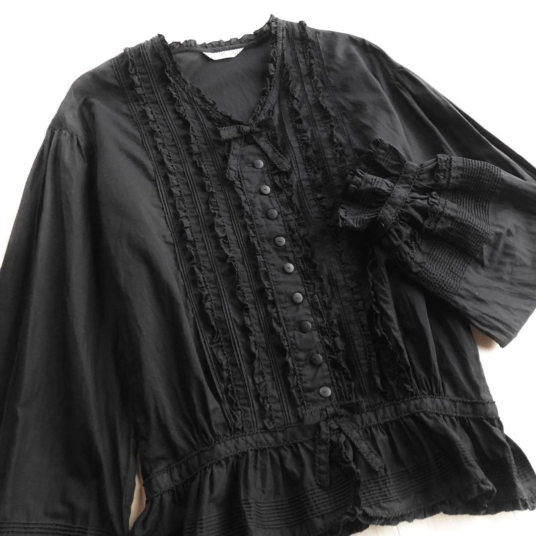カネコイサオ 綿ローン ピンタック ピコフリル 黒 ブラウス