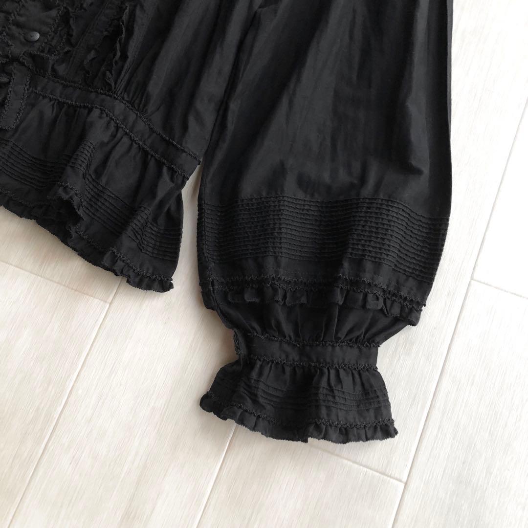 カネコイサオ 綿ローン ピンタック ピコフリル 黒 ブラウス