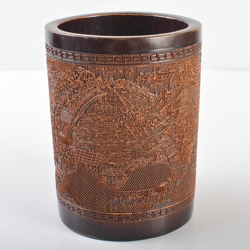 中国　古竹彫刻　清明上河図刻　筆筒　V　R7106