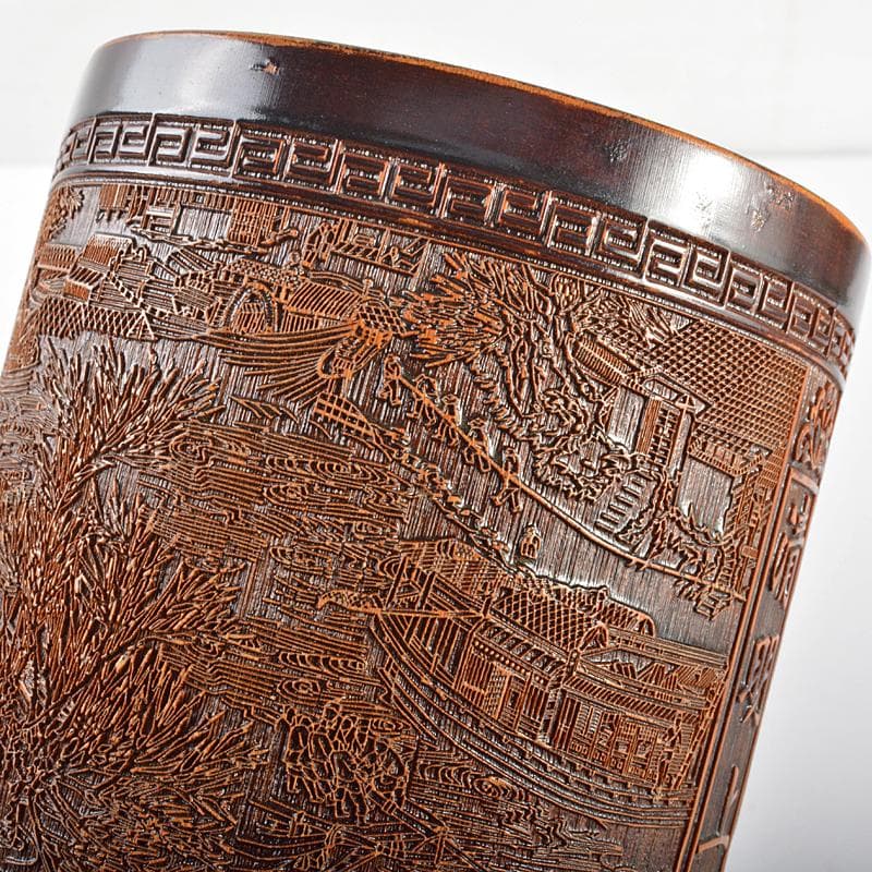 中国　古竹彫刻　清明上河図刻　筆筒　V　R7106