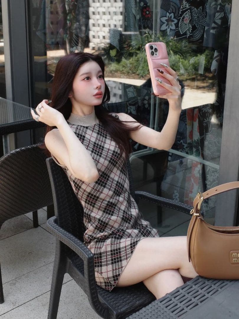 Darichダーリッチ チェックジャガードノースリニットミニワンピース BEG