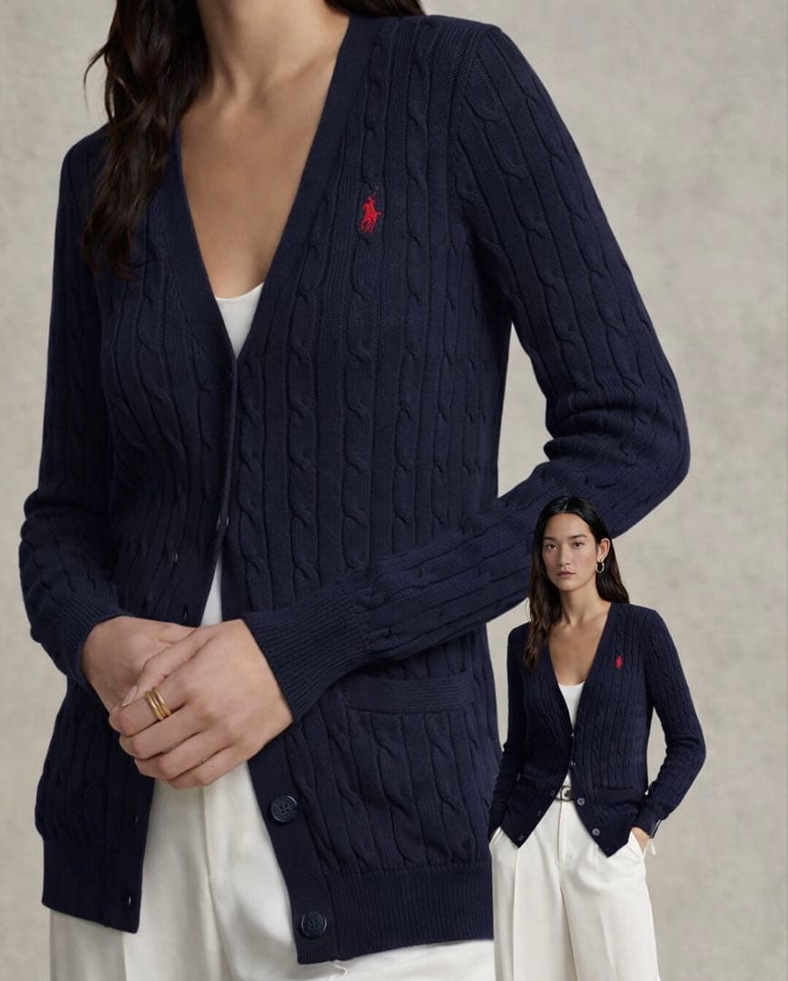 数回着 ラルフローレン コットンケーブルニットカーディガン ネイビー 定番