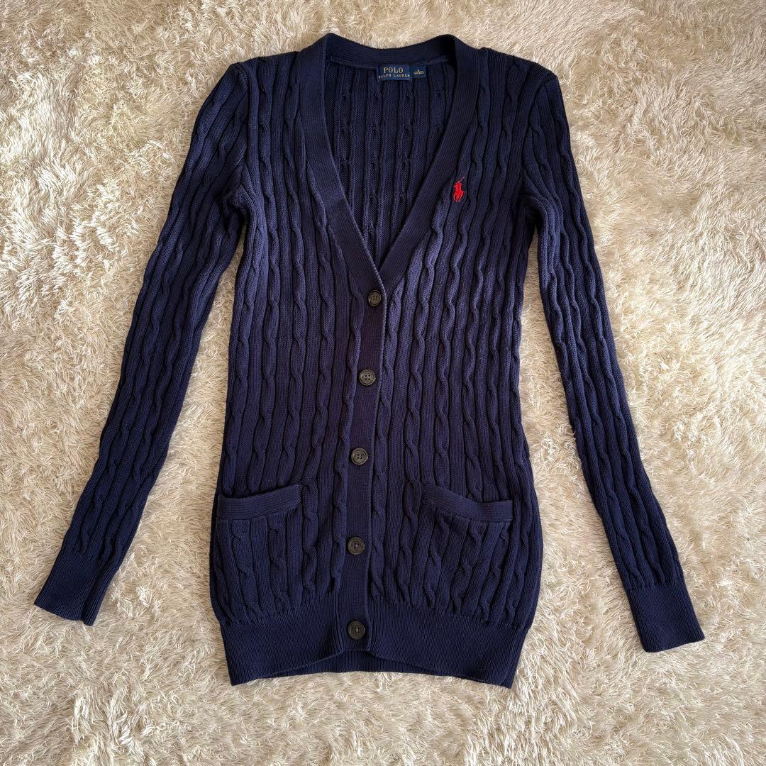 数回着 ラルフローレン コットンケーブルニットカーディガン ネイビー 定番
