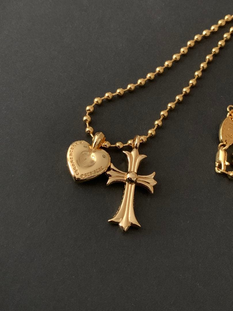 22k クロス　ハート　ボールチェーンネックレス　50㎝