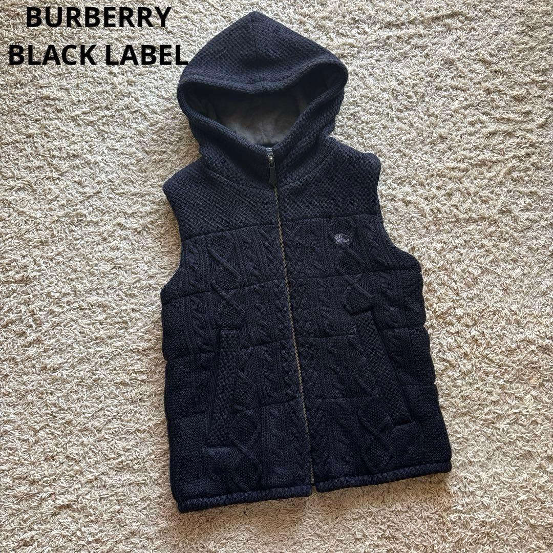 【極美品】バーバリーブラックレーベル ニットベスト 中綿入り フーディー 刺繍入