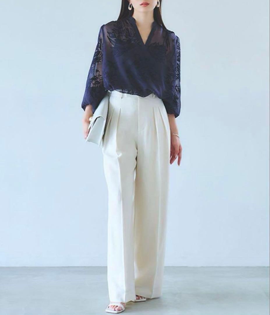 スキッパーネックオパールブラウス ネイビー アニュアンス