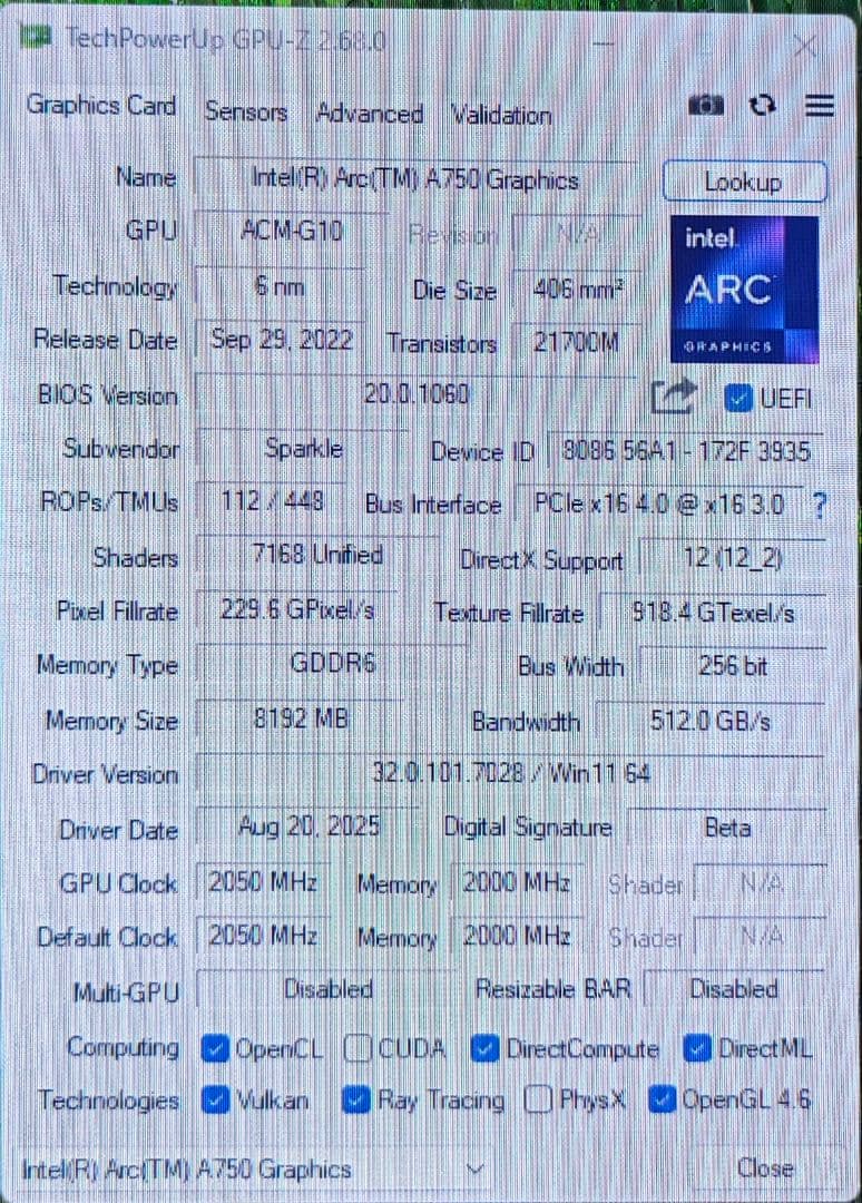Intel ARC A750 8gb グラフィックボード