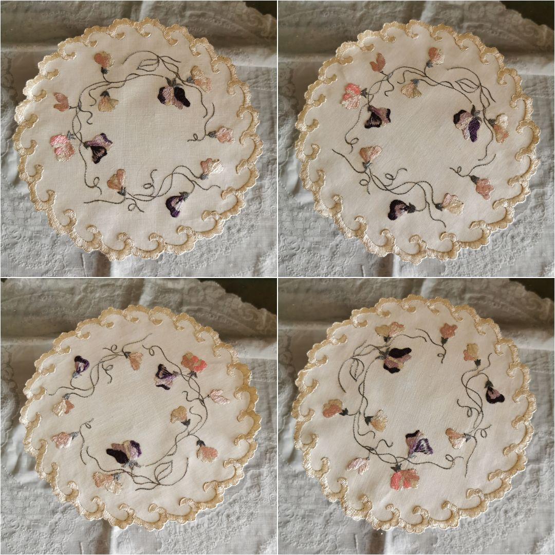 アンティーク ソサイエティシルク手刺繍 スィートピー 菫 スカラップドイリー