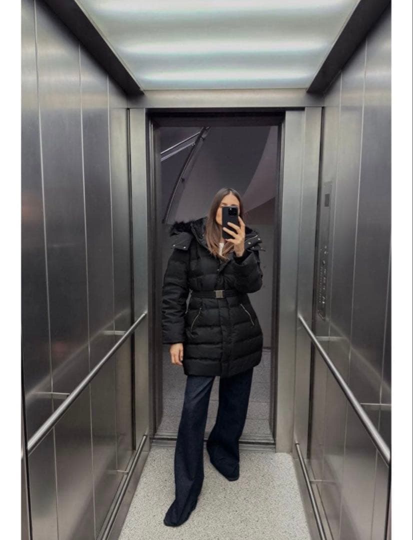 ZARA ベルト付きフードダウンジャケット S