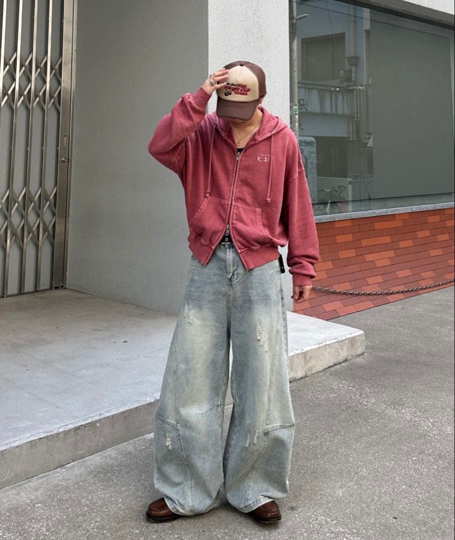 【ペル】ADAMASTE ピンク　ダブルジップショートフーディー【短丈】L