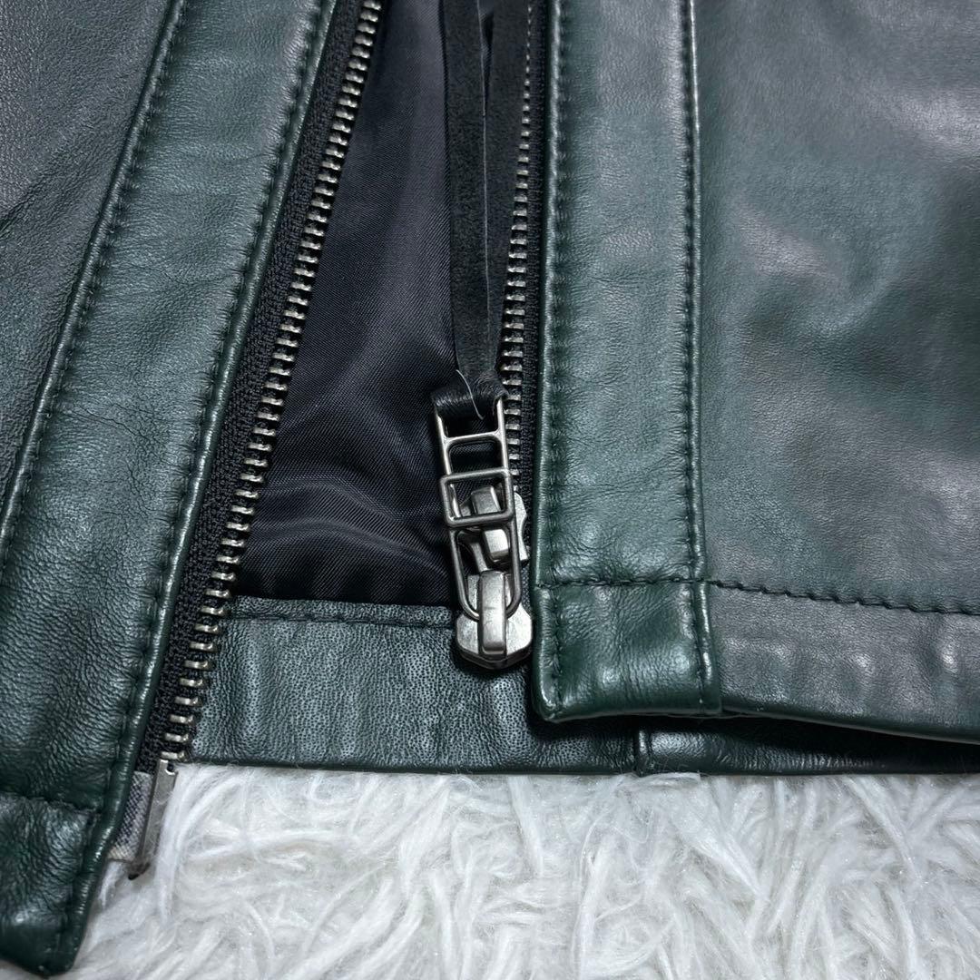 メンズビギ ライダース レザージャケット XL グリーン シングル 羊革