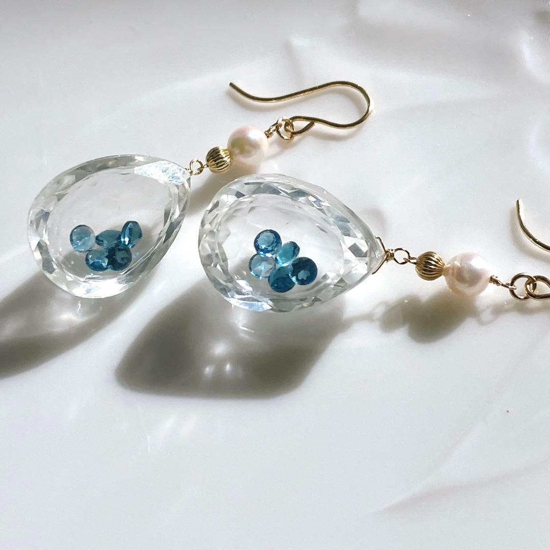 一点物✧水晶/ロンドンブルートパーズ 宝石箱ピアス✧14kgf✧あこや真珠