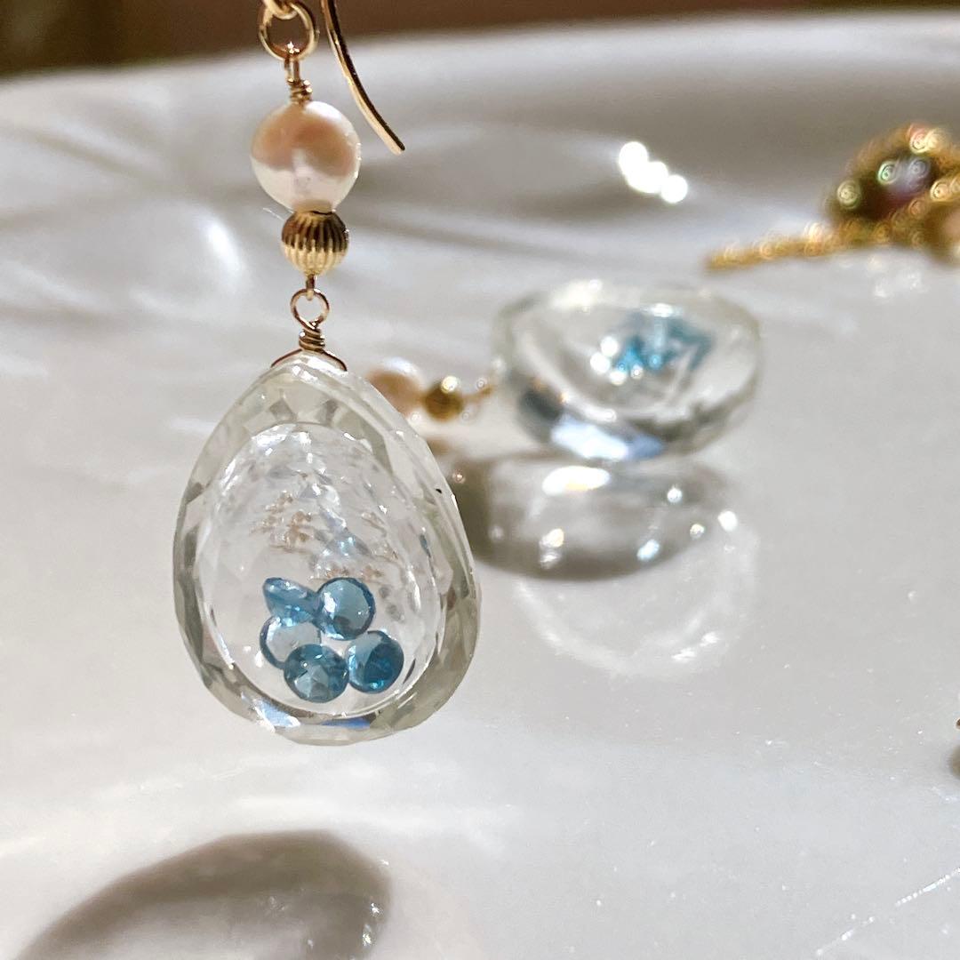 一点物✧水晶/ロンドンブルートパーズ 宝石箱ピアス✧14kgf✧あこや真珠