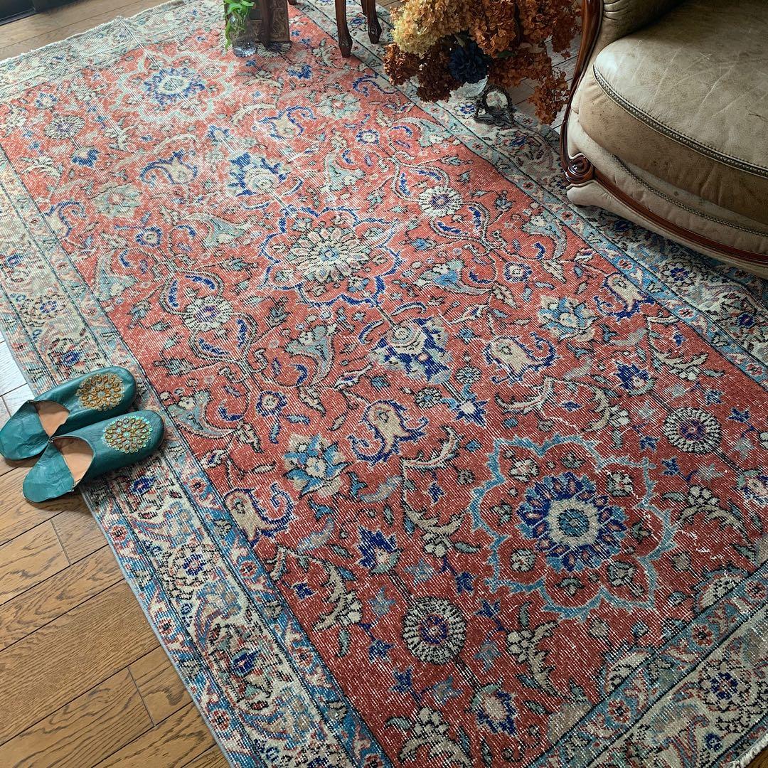 超大判　トルコヴィンテージラグ　234× 132 テラコッタオレンジ　ボタニカル