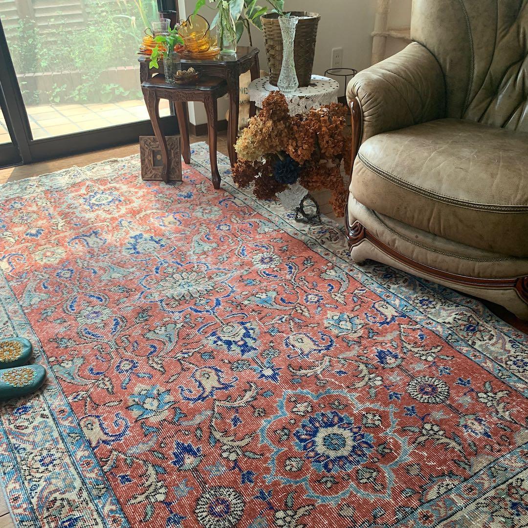 超大判　トルコヴィンテージラグ　234× 132 テラコッタオレンジ　ボタニカル