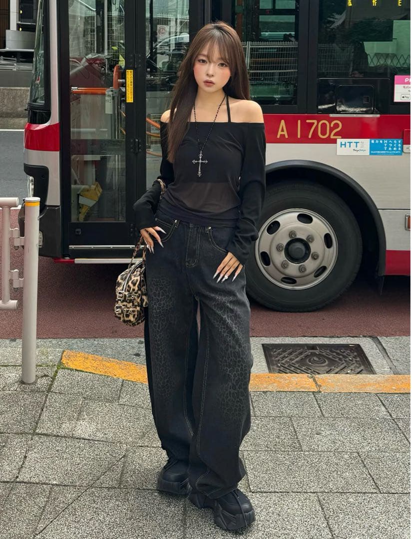 TRIFLE レオパードウォッシュカーブデニムパンツ ダークウォッシュ Sサイズ