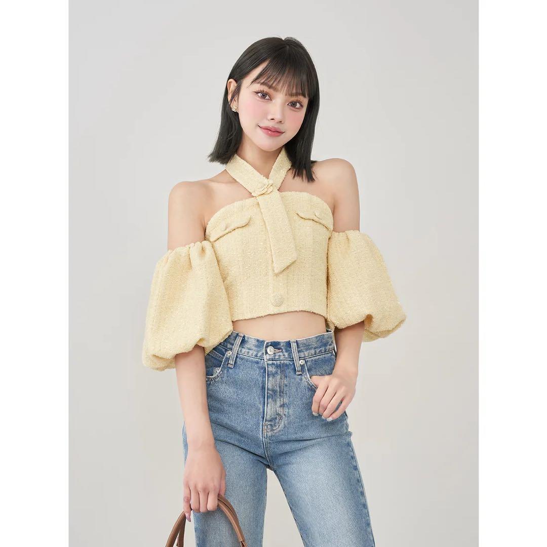 新品タグ付 ダーリッチ イエロー ホルターネックオフショルツイードトップス