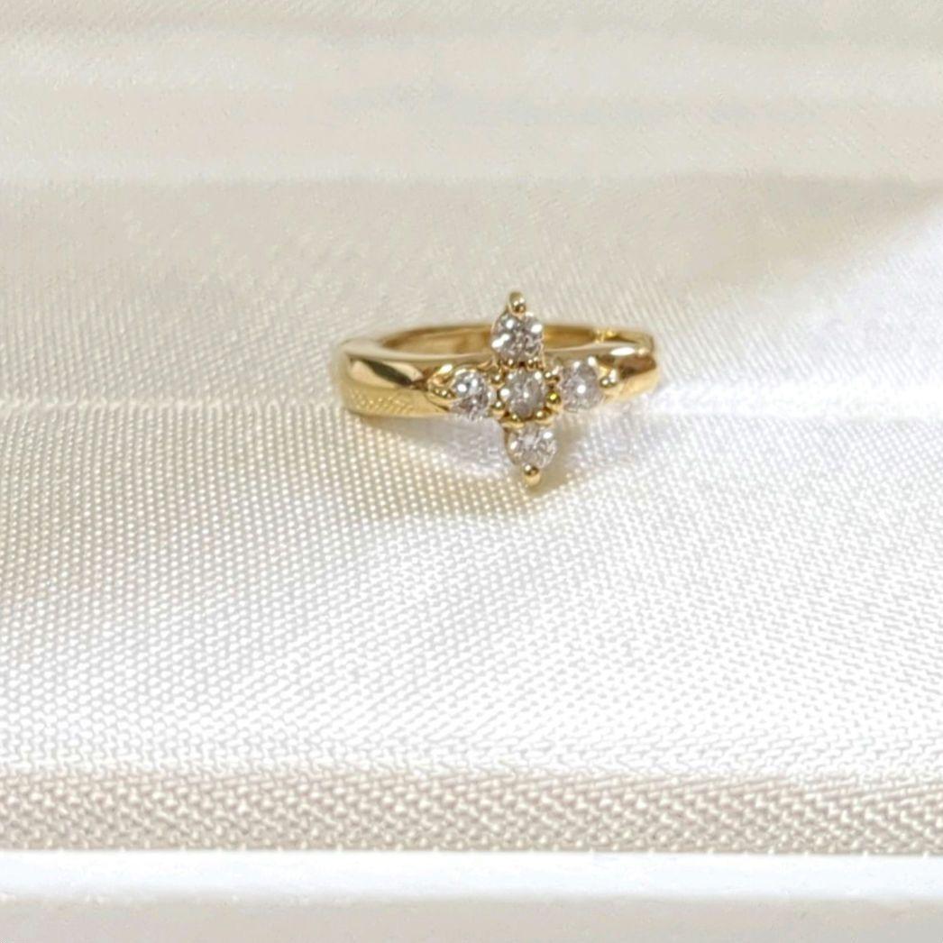 K18　D0.08ct　中折れ式　フープピアス　片耳　YG　クロス　花　小さめ