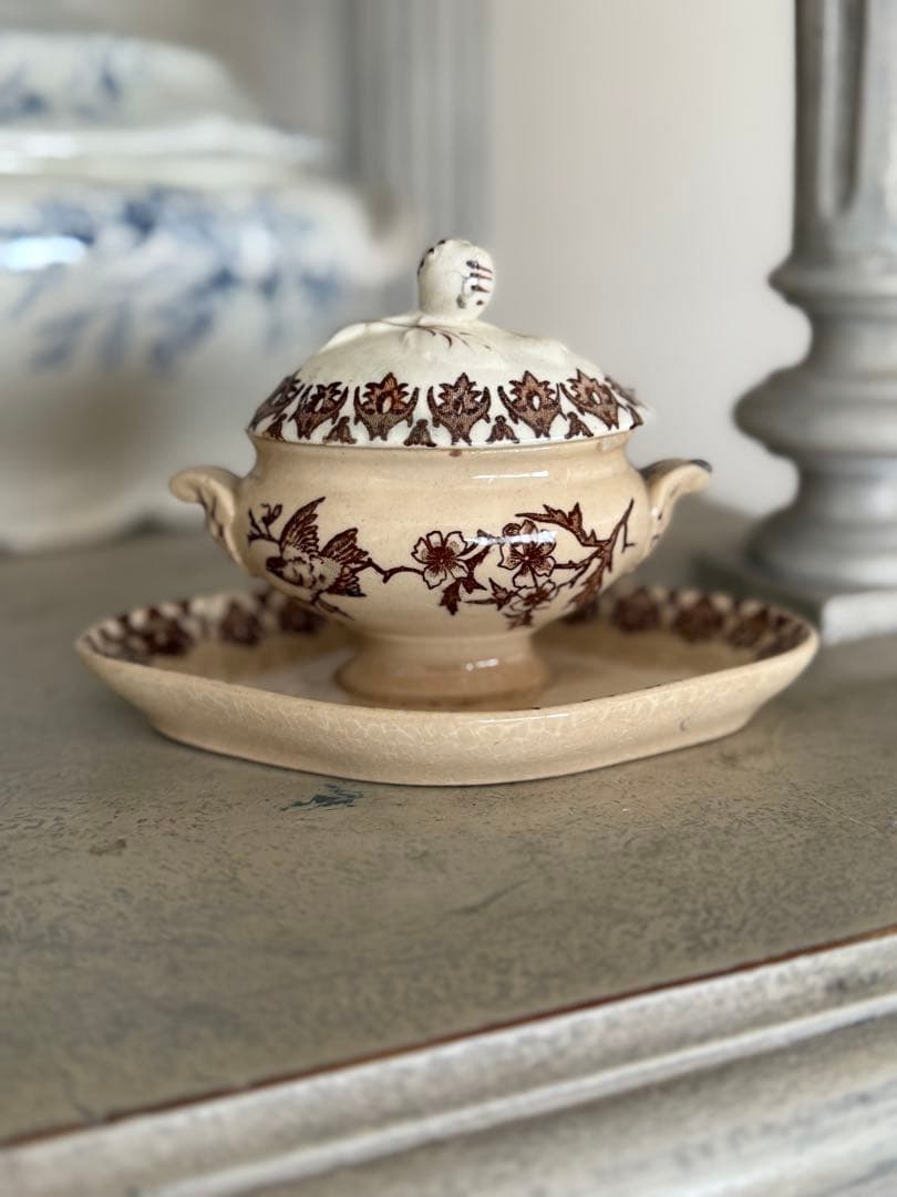 フランスアンティークショワジールロワ連なる小鳥柄のムタディエマスタード入れ