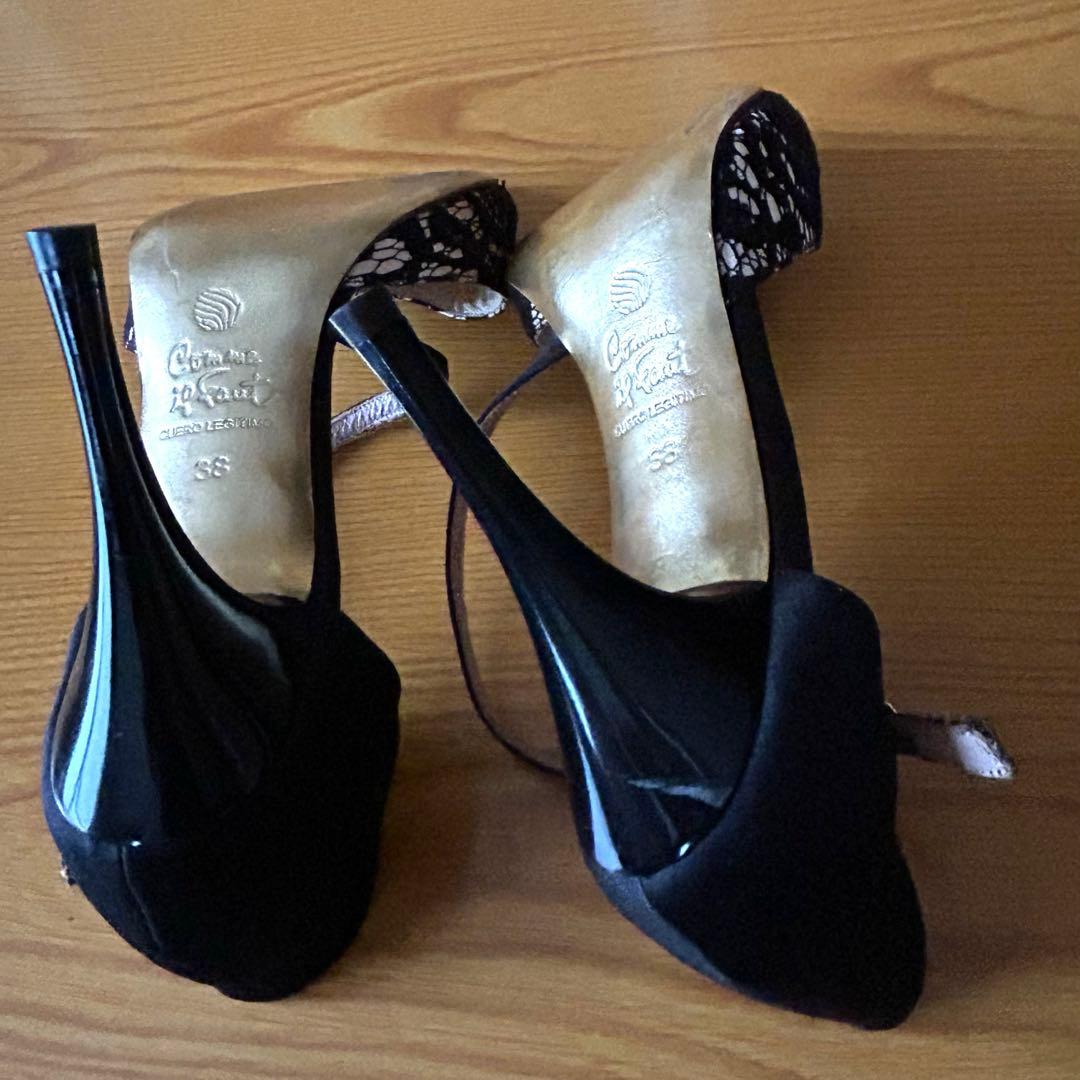 コムイルフォー アルゼンチンタンゴシューズ　オープントゥ 黒レース 38