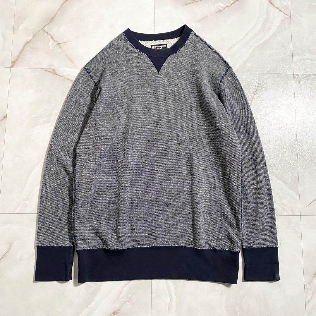 A18478 美品 ループウィラー 前V 吊り編みインレイクルーネック 紺系L