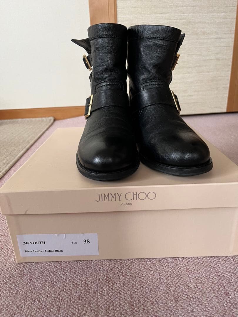 最終値下げJIMMY CHOO ブラックレザーバイカーブーツ 38