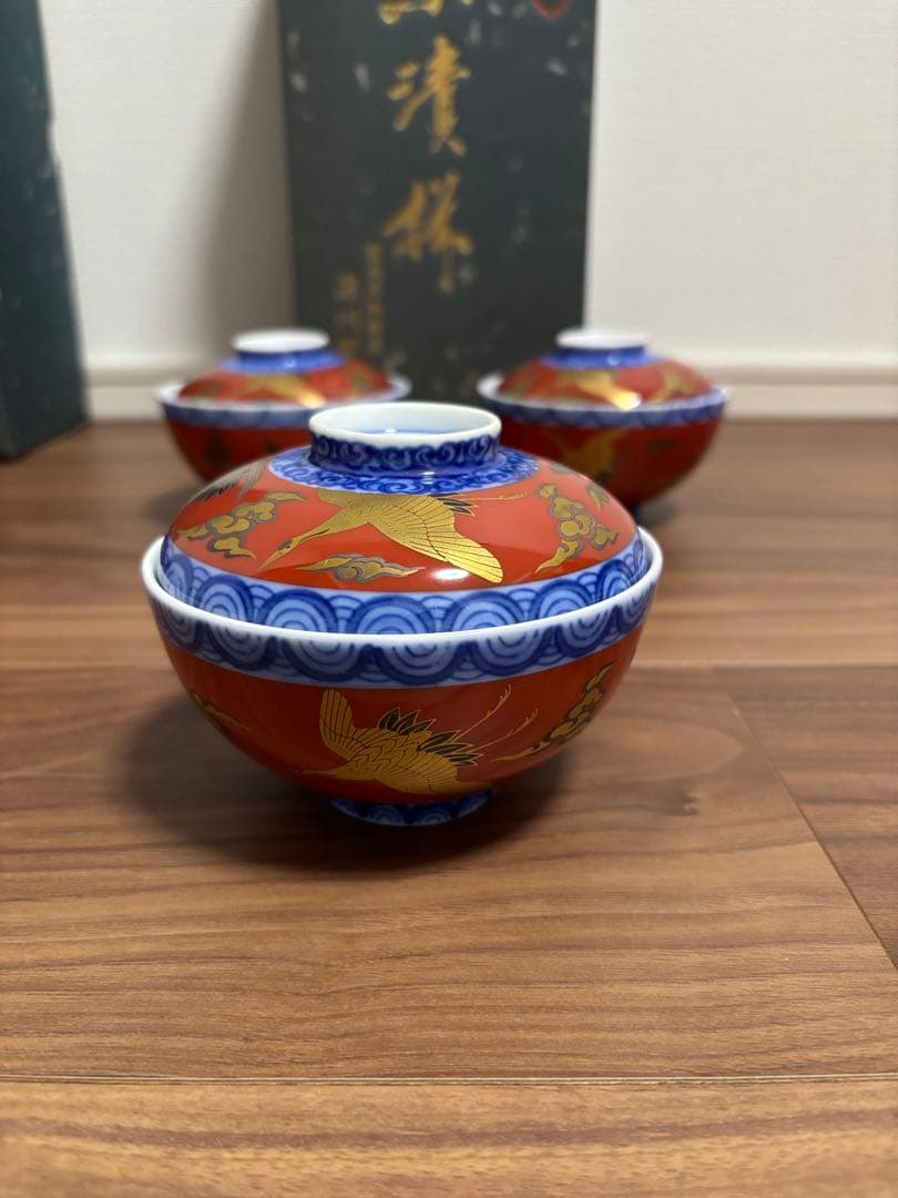 深川製磁　茶漬揃　染錦手波鶴紋　赤絵金彩　美術有田焼