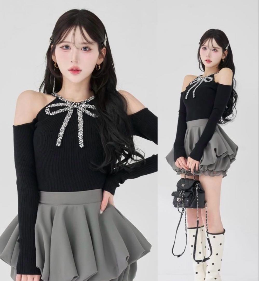 ダーリッチ　リボンビジューアメスリニットトップス