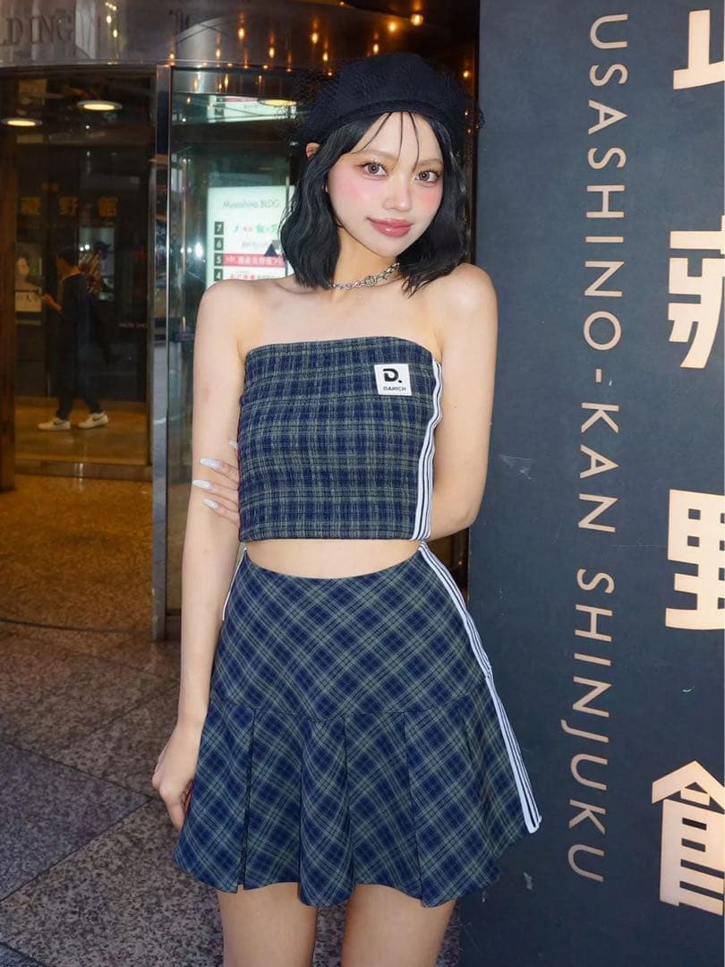 新品タグ付き ダーリッチ リメイクライクチェックベアトップ グリーン