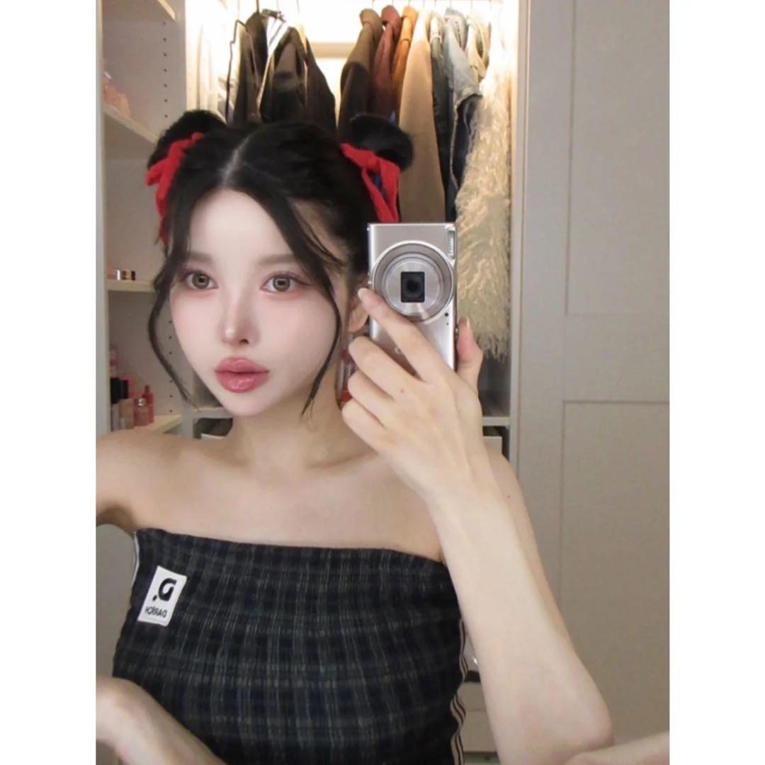 新品タグ付き ダーリッチ リメイクライクチェックベアトップ グリーン