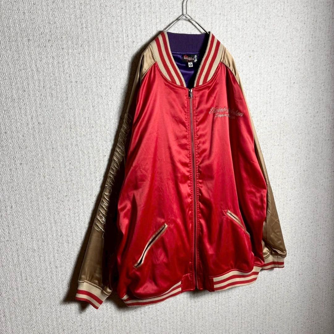 【好配色】抜刀娘　スカジャン　袖刺繍　サテン　希少サイズ ベージュ　赤　2XL