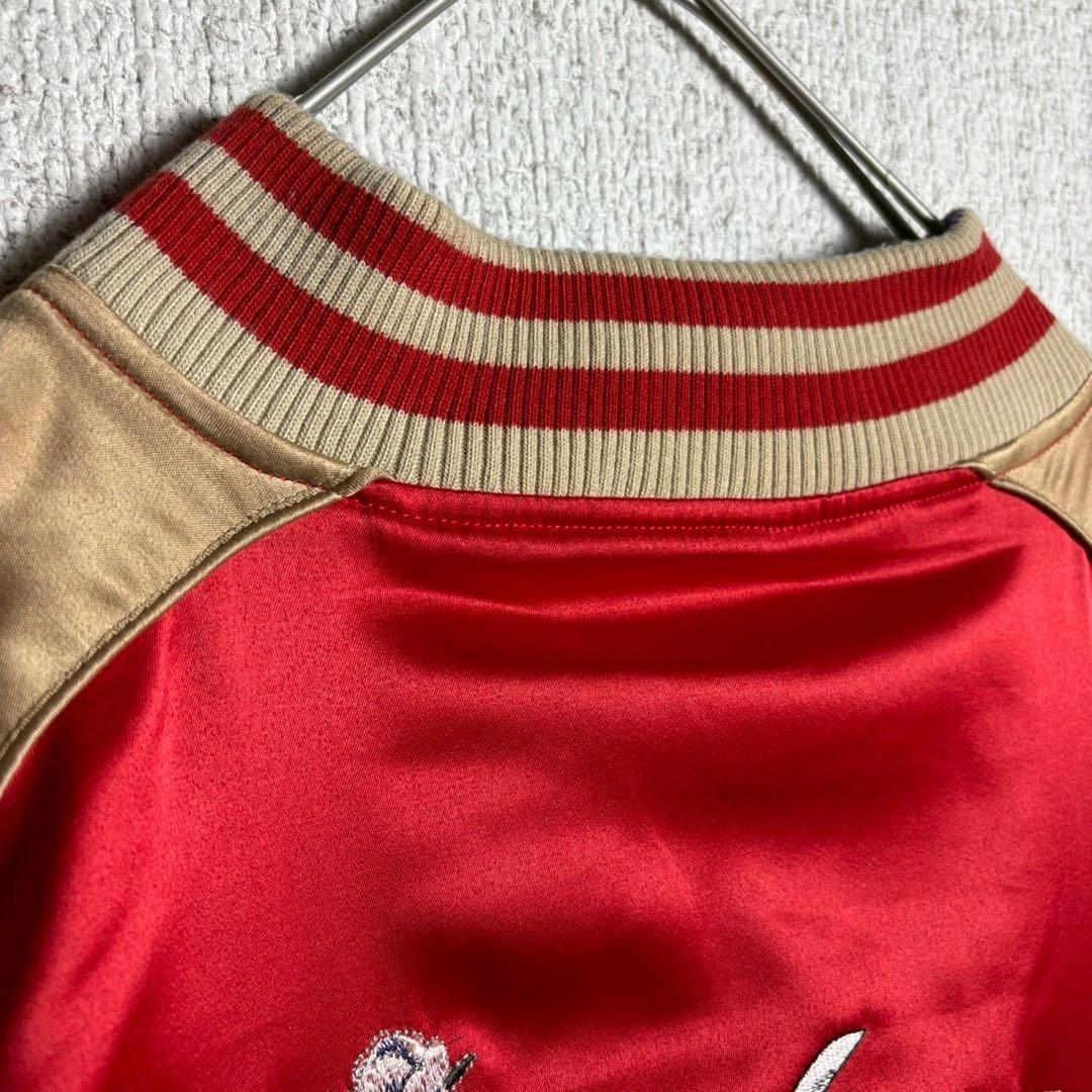 【好配色】抜刀娘　スカジャン　袖刺繍　サテン　希少サイズ ベージュ　赤　2XL