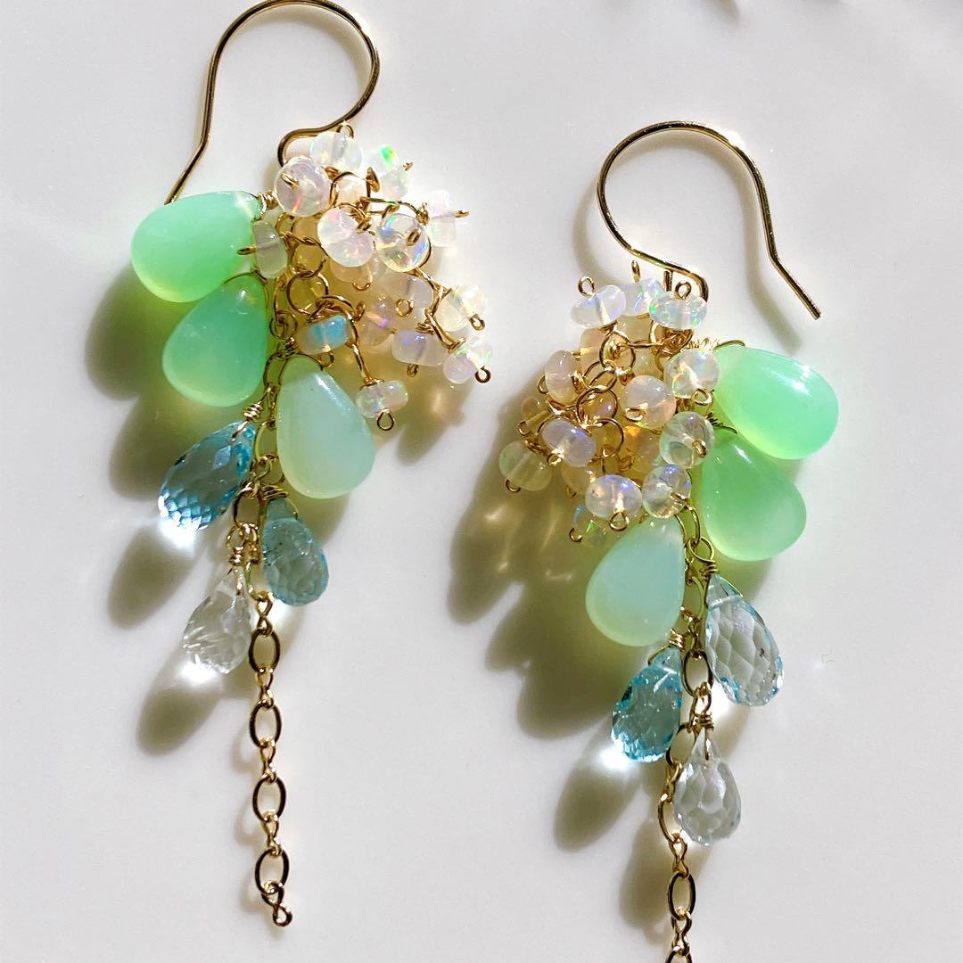 55◆グリーンオパール×エチオピアオパール×トパーズピアス✧14kgf