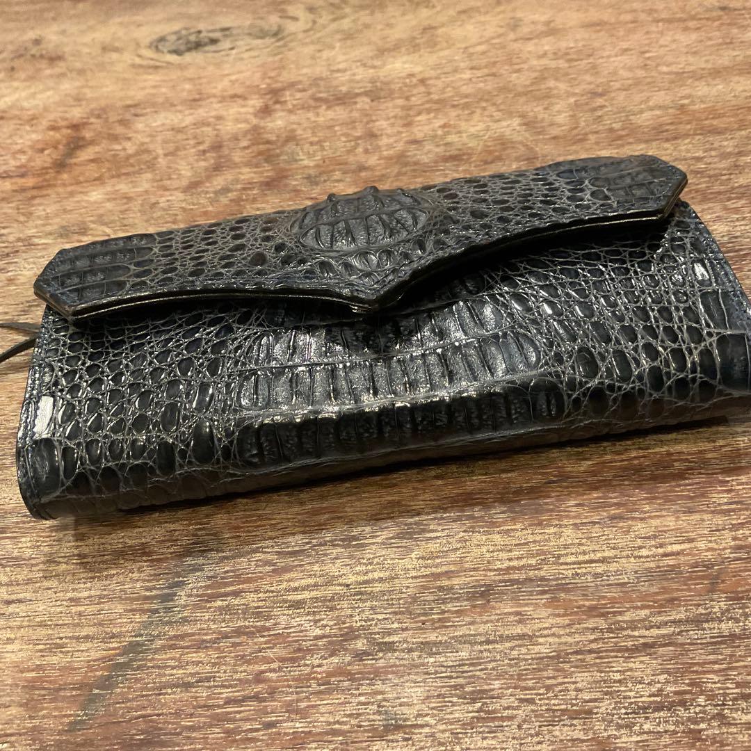 美品！マッドモンキー ワニ革 カイマン 財布 長財布 二つ折りクロコ ネイビー