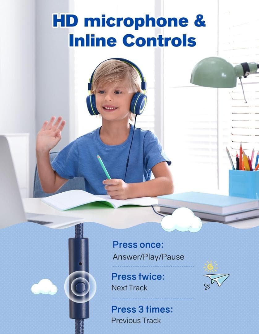 キッズヘッドフォン マイク付き - 91dB 有線オンイヤー ヘッドセット 子供