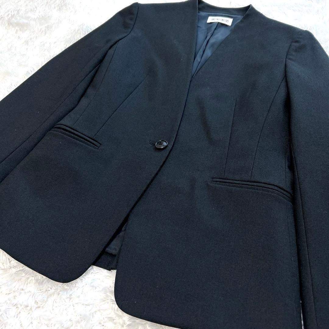 【美品】　PLST　パンツスーツ　オフィスカジュアル　ノーカラー　スラックス　黒