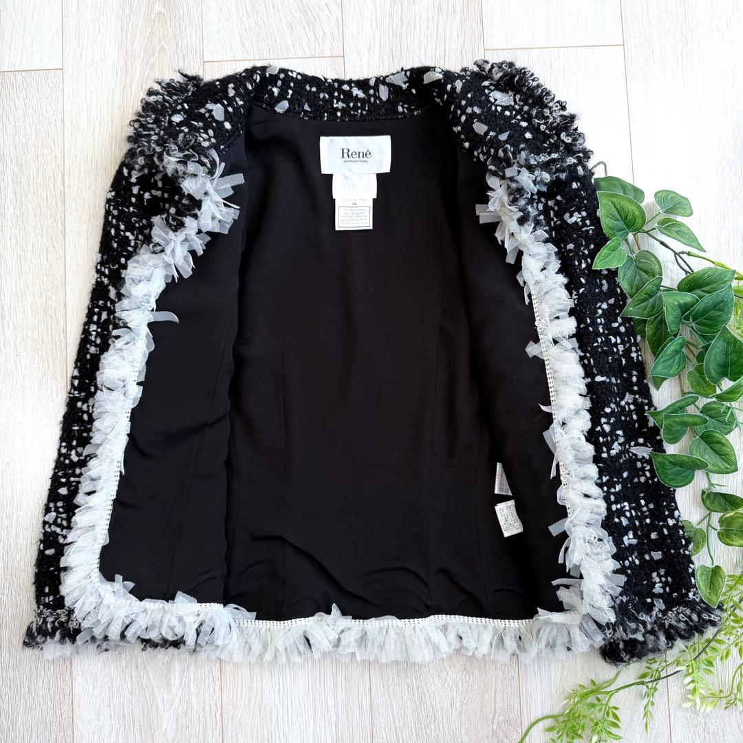 希少 Rene ルネ 最高級 ツイードジャケット ブラック ホワイト M フリル