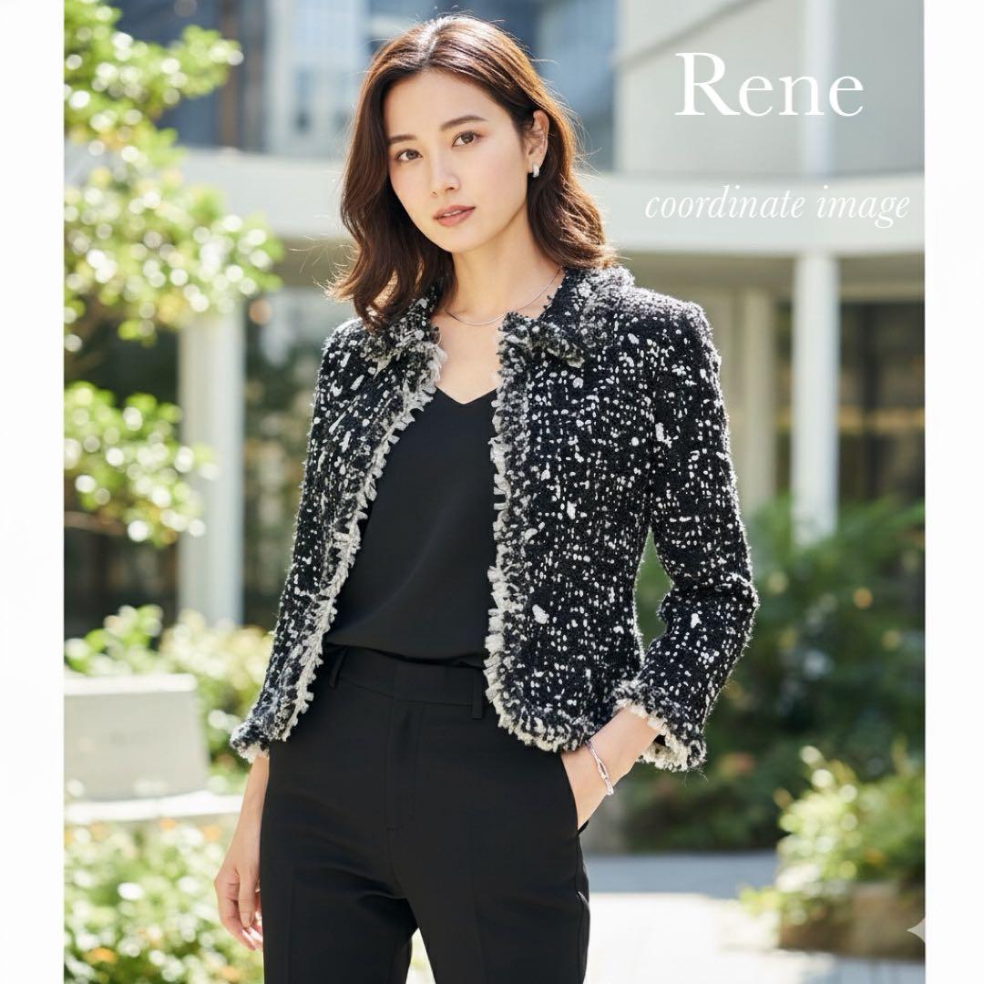 希少 Rene ルネ 最高級 ツイードジャケット ブラック ホワイト M フリル