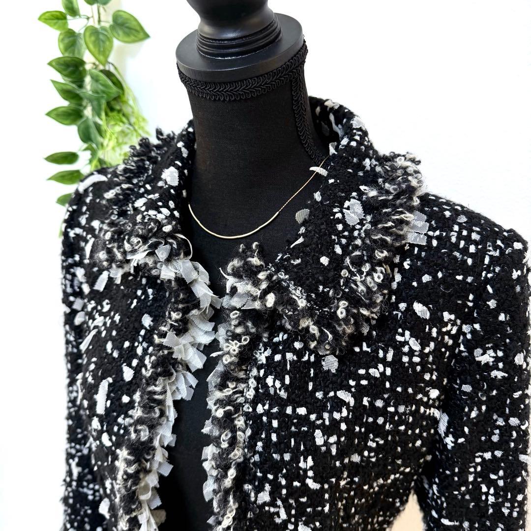 希少 Rene ルネ 最高級 ツイードジャケット ブラック ホワイト M フリル