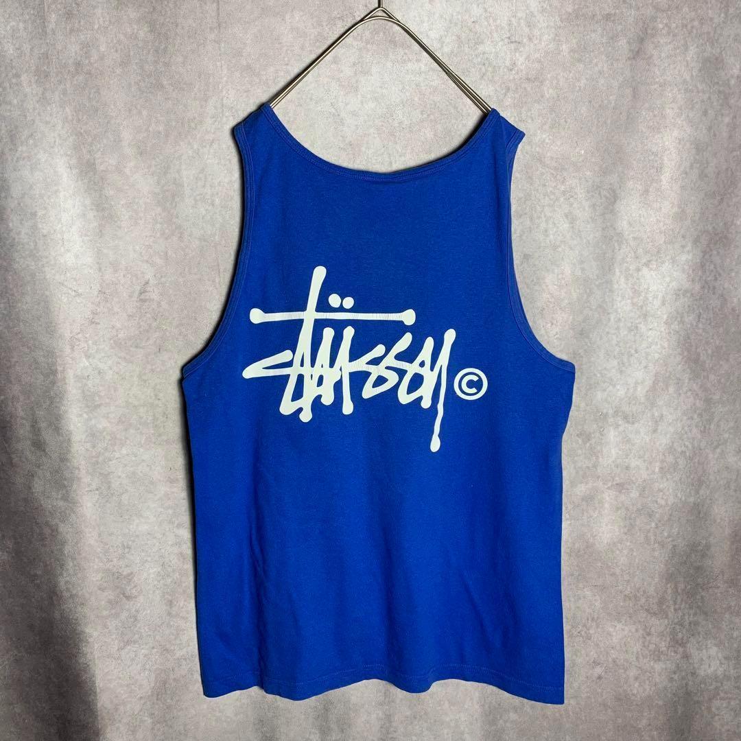 【STUSSY タンクトップ　背中ロゴ　シンプル　ストリート　青　古着】