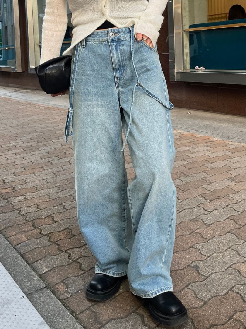 efu サスペンダー　ルーズストレートデニム　ブルー　S