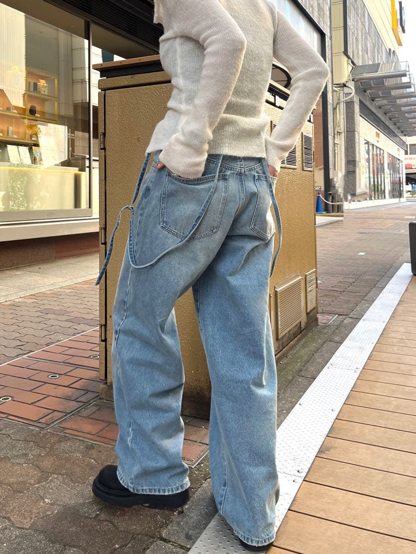 efu サスペンダー　ルーズストレートデニム　ブルー　S